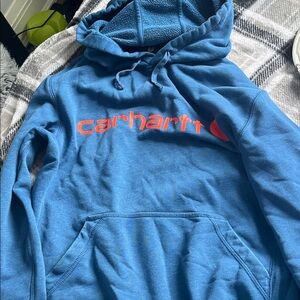 Carhartt Teal Hoodie with Orange Logo